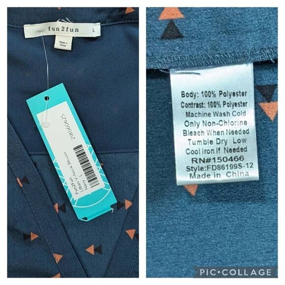 New Fun 2 Fun Lillian V-Neck Navy Tan Orange Black Geometric Blouse size L - Picture 8 of 8